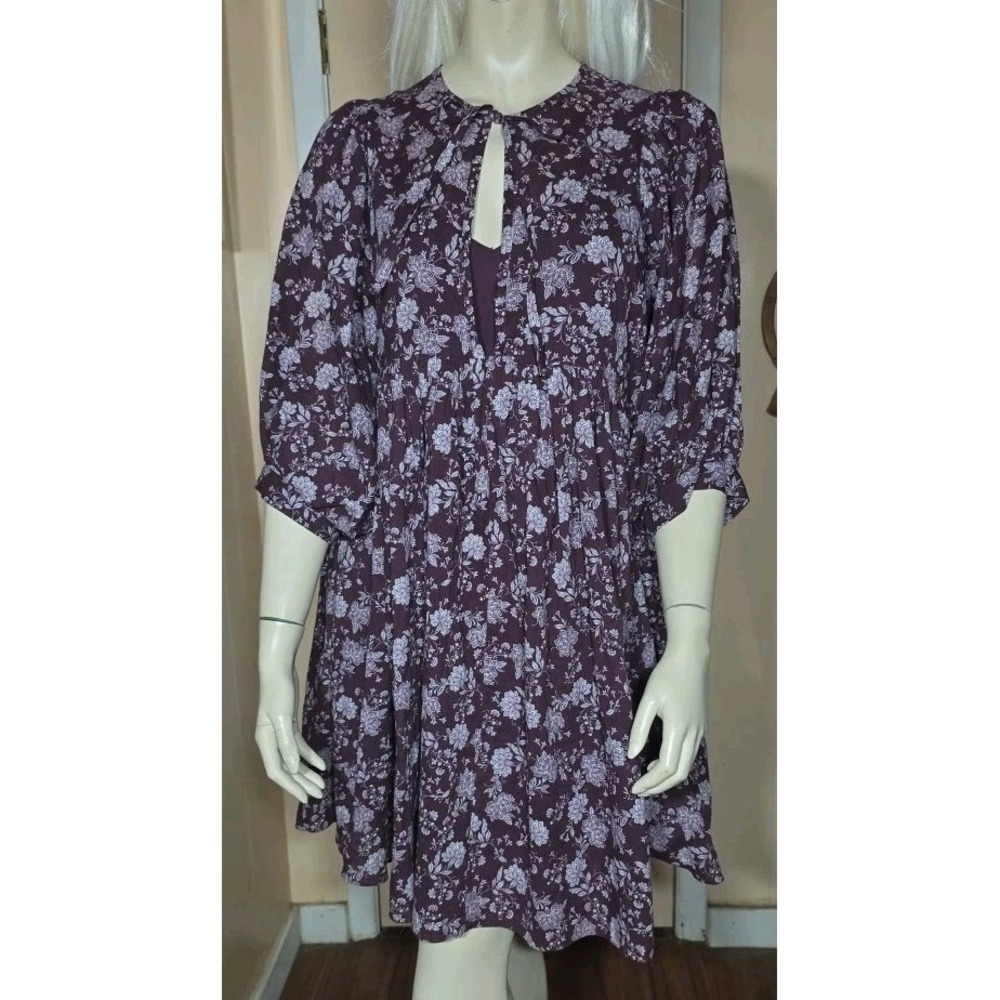 NWT Madewell Women's Splitneck Puff-Sleeve Dress Floral Dark XXS Burgundy